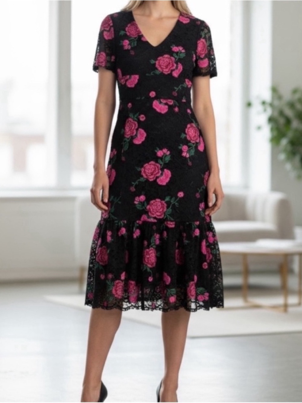 NEW Anthropologie Shoshanna Lace Embroidered Audette Midi Dress in Black 2P
